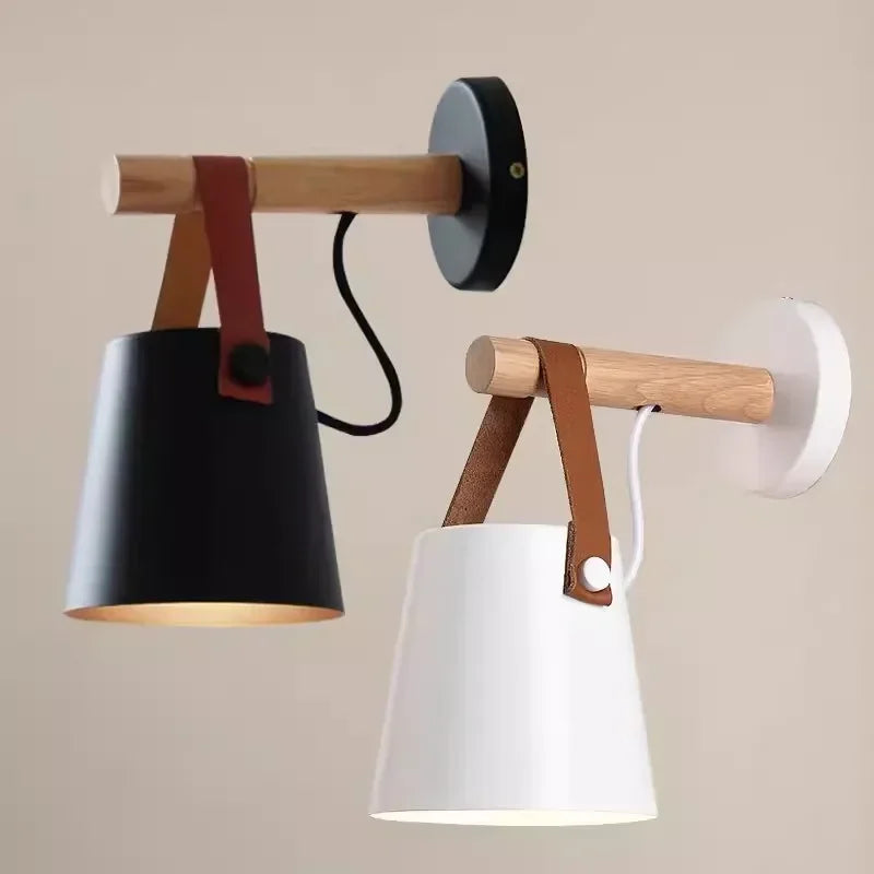 LED Bedside Wall Lamp Nordic Wood Leather Belt