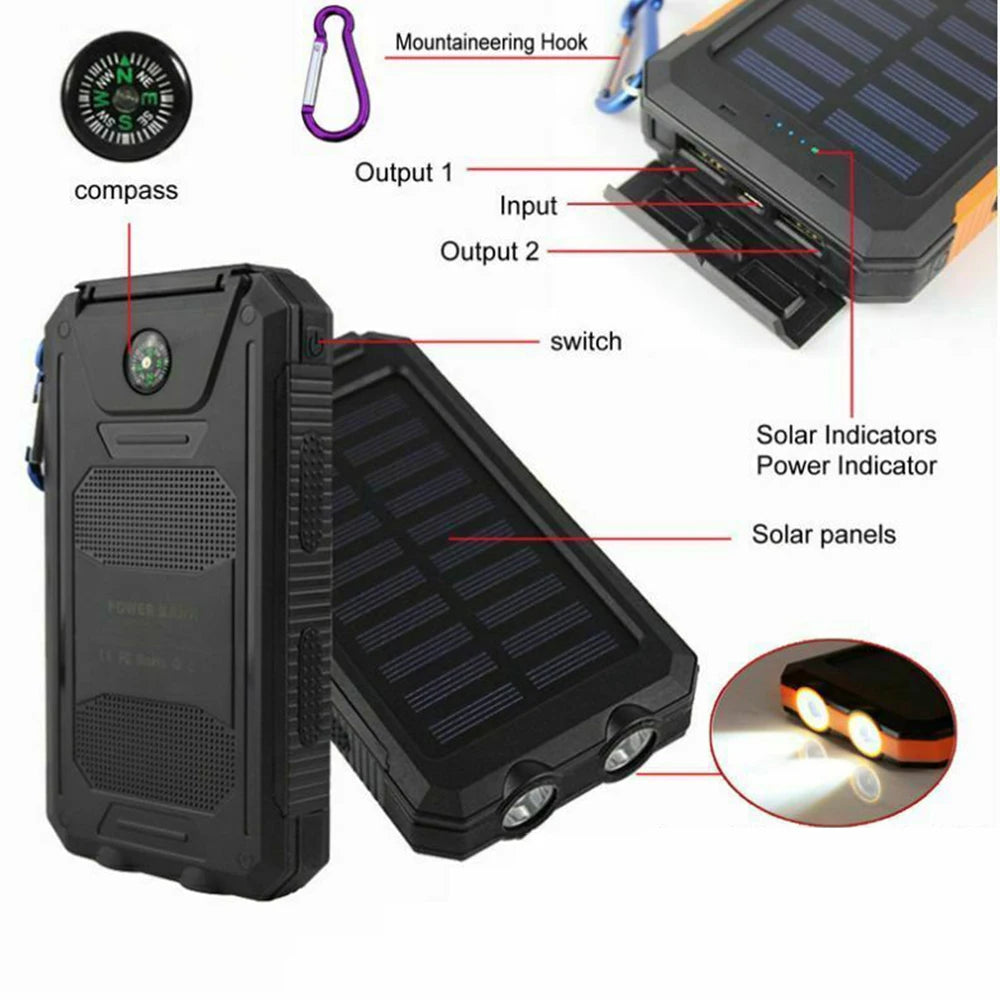 Portable Solar Power Bank with Dual USB LED Light