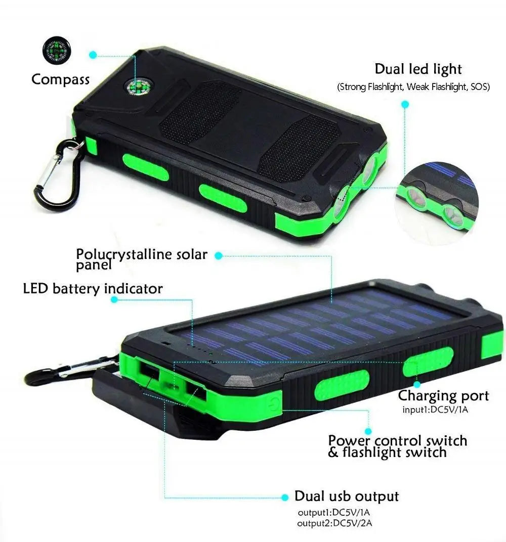 Portable Solar Power Bank with Dual USB LED Light