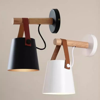 LED Bedside Wall Lamp Nordic Wood Leather Belt