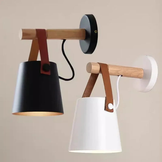 LED Bedside Wall Lamp Nordic Wood Leather Belt